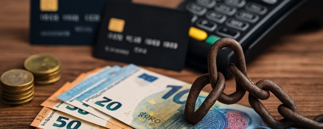 Euro-Banknoten und Münzen liegen auf einem Holztisch, daneben ein Kartenlesegerät mit Kreditkarten im Hintergrund. Eine rostige Eisenkette liegt symbolisch auf den Geldscheinen und verdeutlicht den Übergang von Bargeld zu digitaler Zahlung.