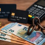 Euro-Banknoten und Münzen liegen auf einem Holztisch, daneben ein Kartenlesegerät mit Kreditkarten im Hintergrund. Eine rostige Eisenkette liegt symbolisch auf den Geldscheinen und verdeutlicht den Übergang von Bargeld zu digitaler Zahlung.