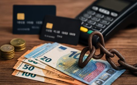 Euro-Banknoten und Münzen liegen auf einem Holztisch, daneben ein Kartenlesegerät mit Kreditkarten im Hintergrund. Eine rostige Eisenkette liegt symbolisch auf den Geldscheinen und verdeutlicht den Übergang von Bargeld zu digitaler Zahlung.