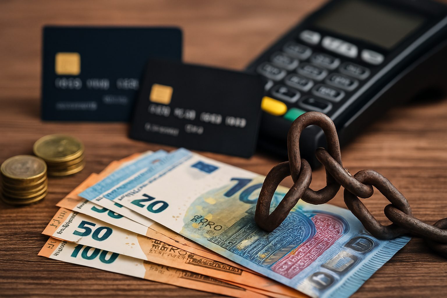 Euro-Banknoten und Münzen liegen auf einem Holztisch, daneben ein Kartenlesegerät mit Kreditkarten im Hintergrund. Eine rostige Eisenkette liegt symbolisch auf den Geldscheinen und verdeutlicht den Übergang von Bargeld zu digitaler Zahlung.