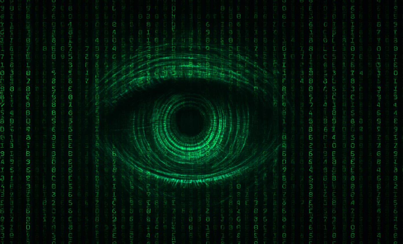Digitales Auge im Matrix-Stil vor grünem Code-Hintergrund – symbolisiert KI-Überwachung und Datenerfassung in einer vernetzten Welt