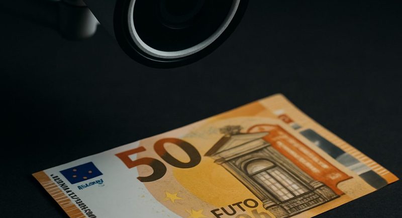 50 euro Geldschein der von einer Kamera beobachtet wird