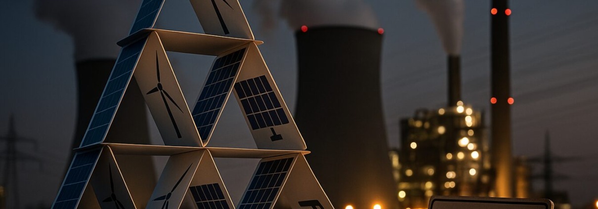 Kartenhaus aus Windrädern und Solarmodulen vor Kohlekraftwerk mit Rauchfahnen, Symbol für instabile Energiewende und steigende Strompreise