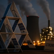 Kartenhaus aus Windrädern und Solarmodulen vor Kohlekraftwerk mit Rauchfahnen, Symbol für instabile Energiewende und steigende Strompreise