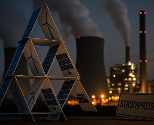 Kartenhaus aus Windrädern und Solarmodulen vor Kohlekraftwerk mit Rauchfahnen, Symbol für instabile Energiewende und steigende Strompreise